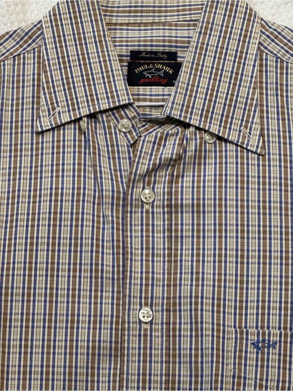 Paul & Shark Brown Blue Check Cotton Button-Down Shirt made in Italy
